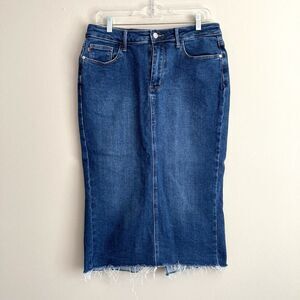 Judy Blue Womens Midi Denim Skirt Size XL Medium Wash Raw Hem Stretch Classic